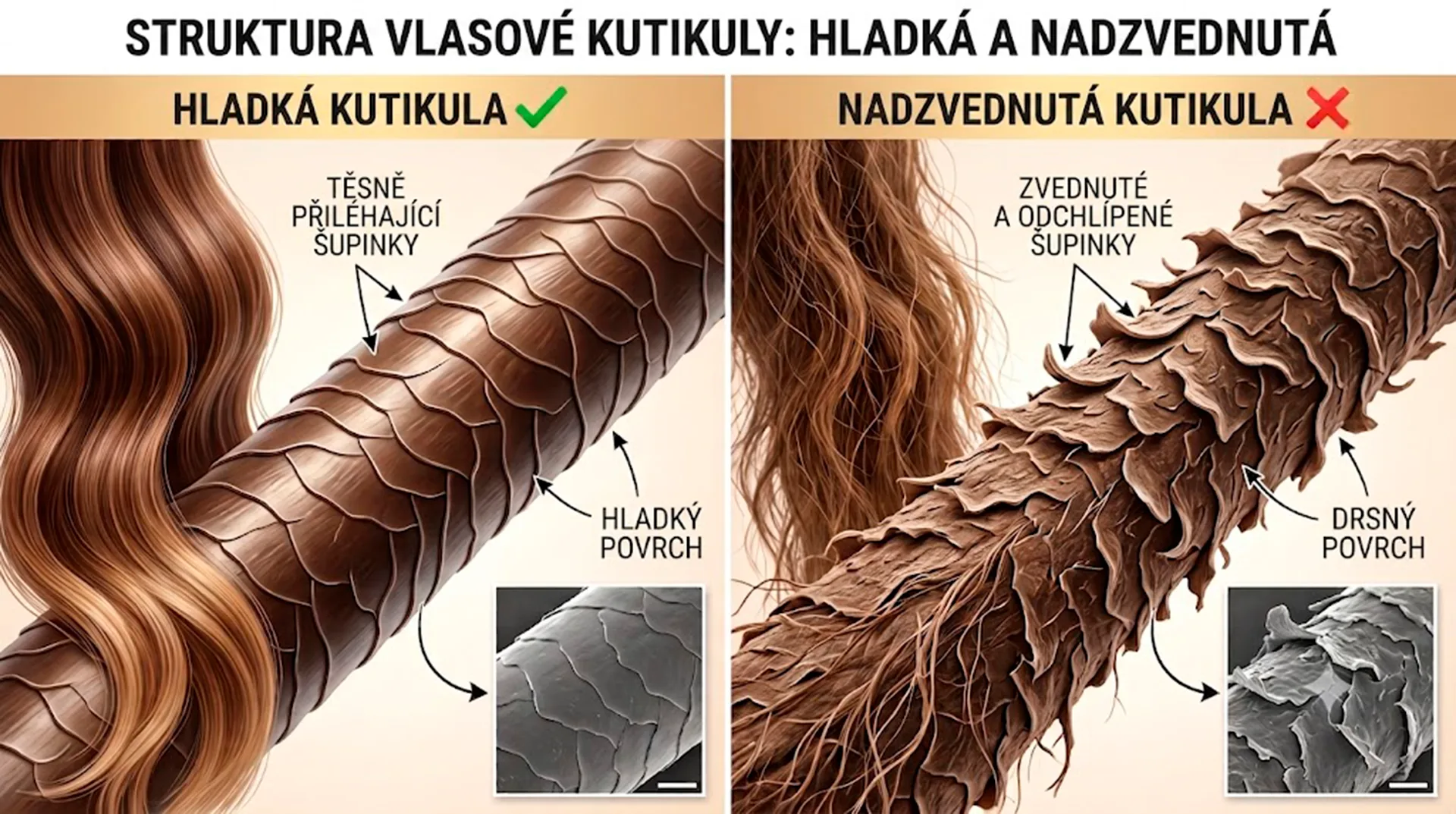 Detailní záběr zvednutých šupinek vlasové kutikuly vlivem horka a vlhkosti