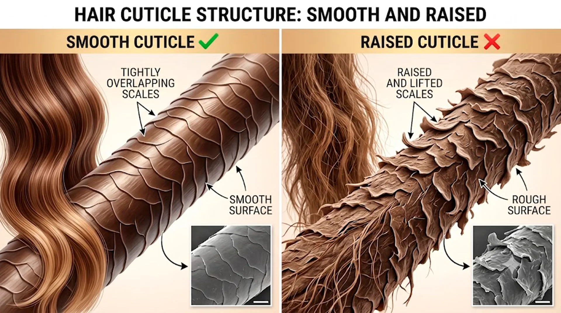 Close-up of raised hair cuticle scales caused by heat and humidity