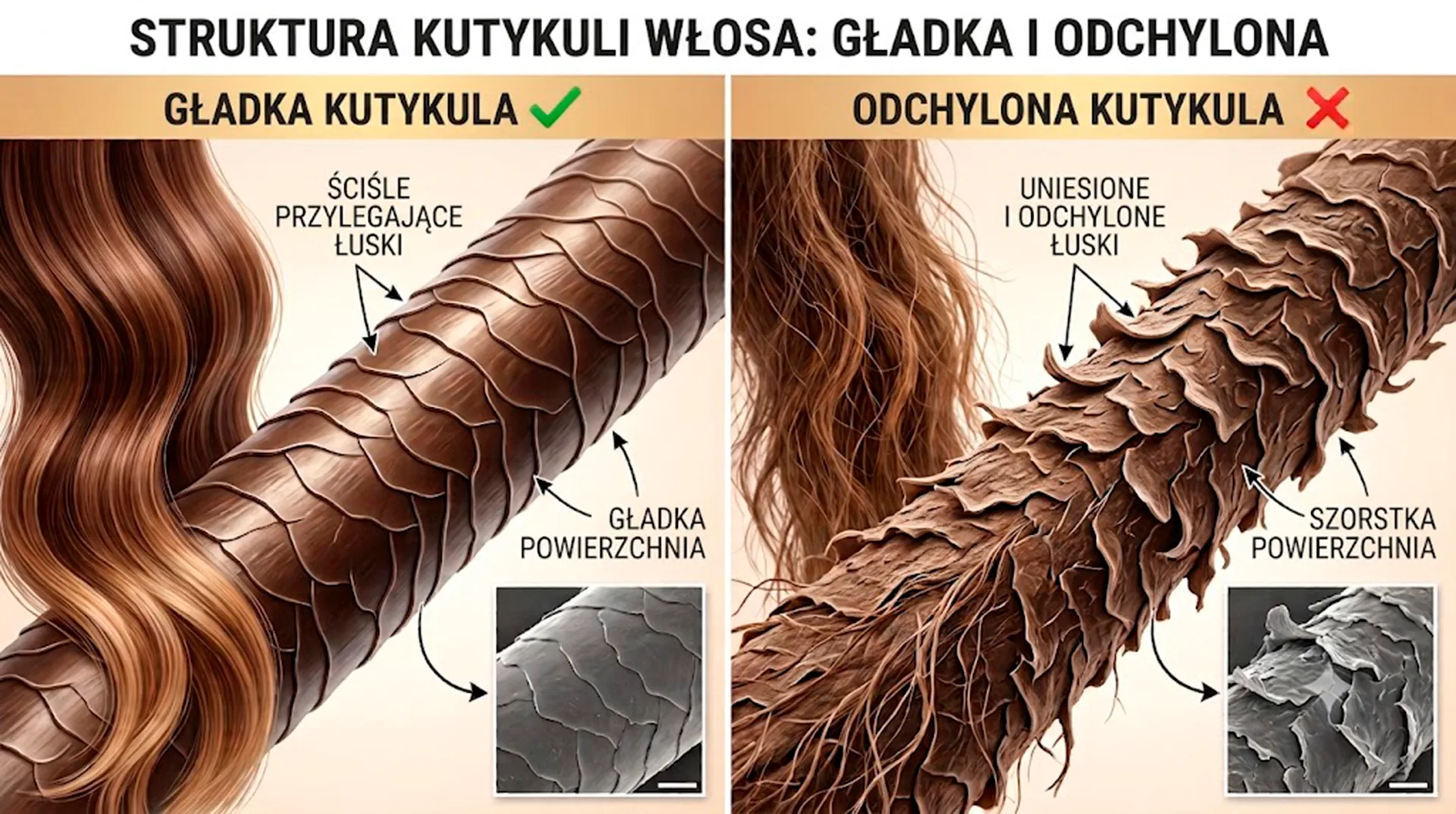 Zbliżenie uniesionych łusek kutykuli włosa pod wpływem upału i wilgoci
