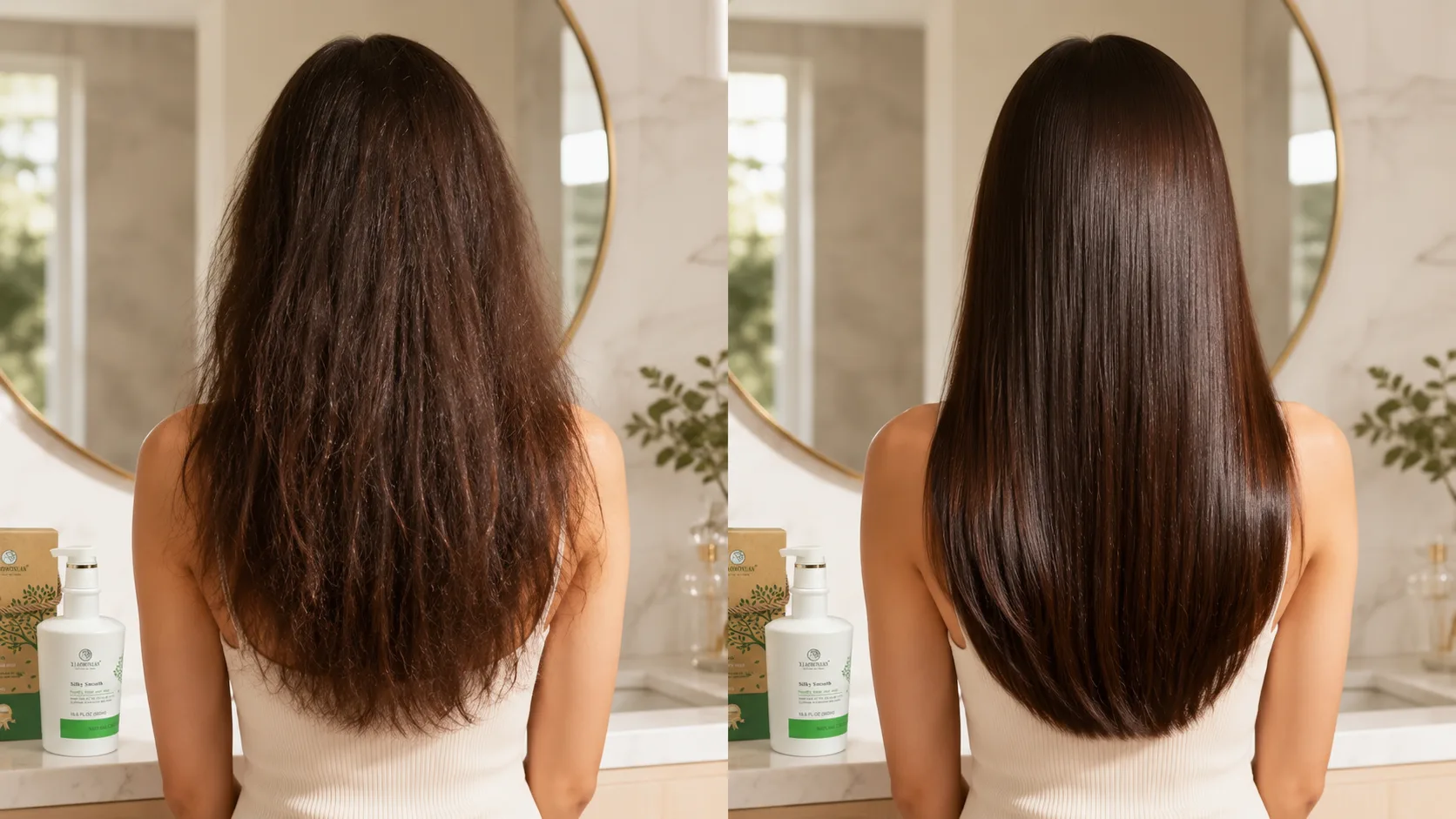 Волосся до і після маски Xiaomoxuan Tea Tree Silky Smooth