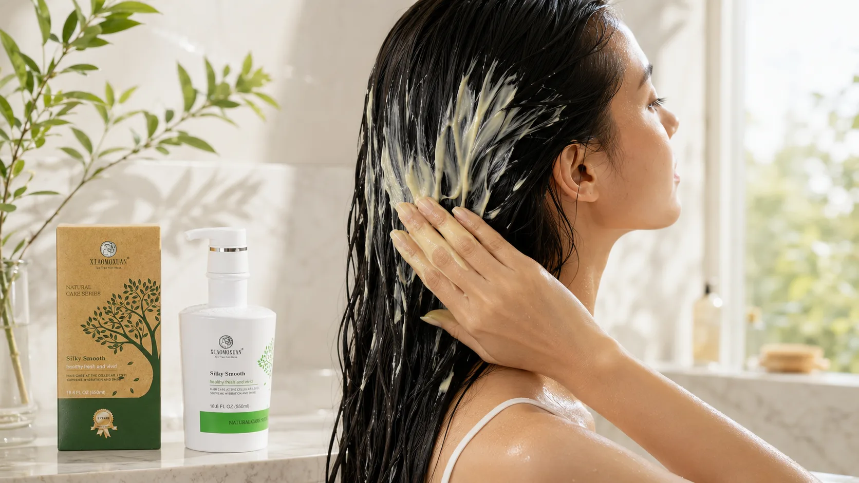 Нанесення маски Xiaomoxuan Tea Tree Silky Smooth на волосся