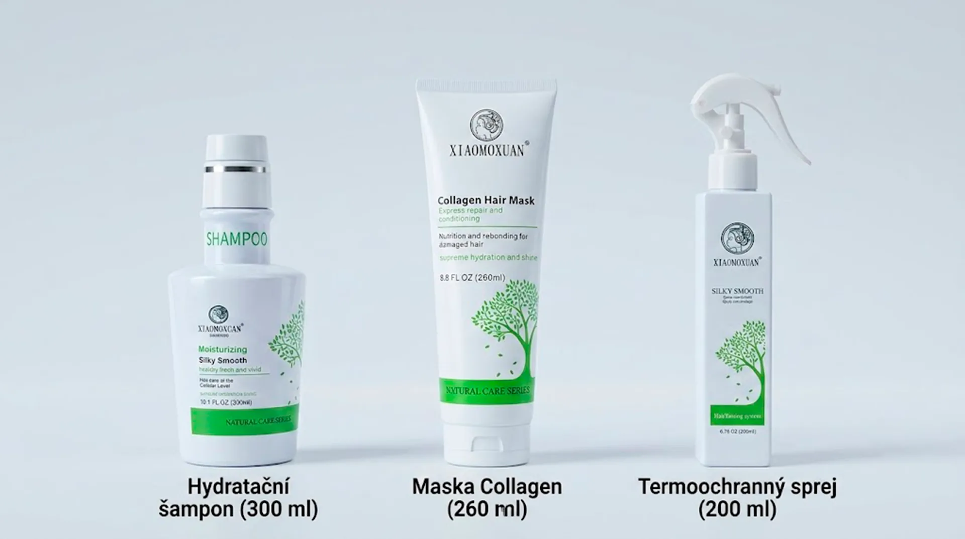 Tři travel-size přípravky Xiaomoxuan: šampon, maska Collagen a sprej s tepelnou ochranou