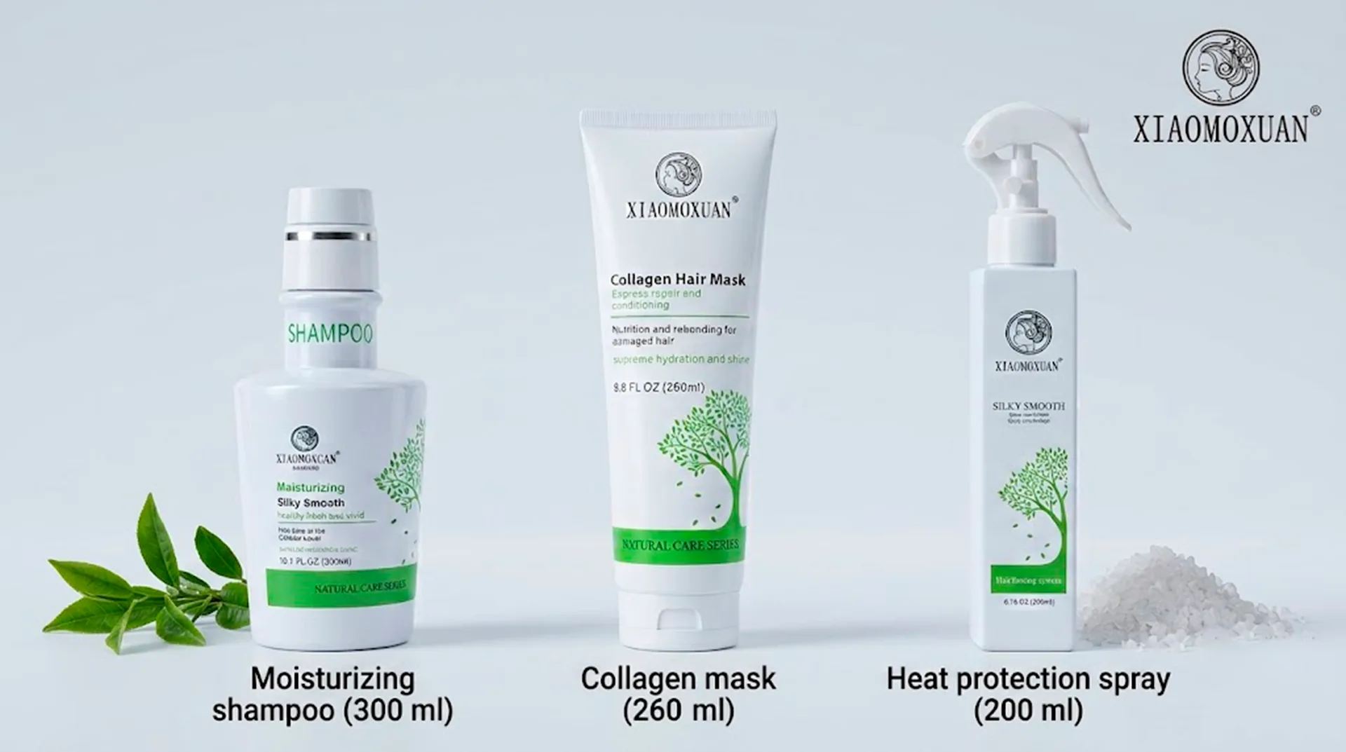 Three Xiaomoxuan travel-size products: shampoo, Collagen mask and heat protection spray