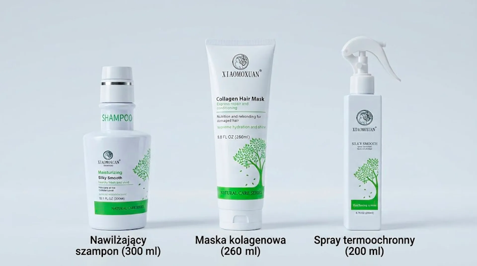 Trzy produkty travel-size Xiaomoxuan: szampon, maska Collagen i spray z ochroną termiczną