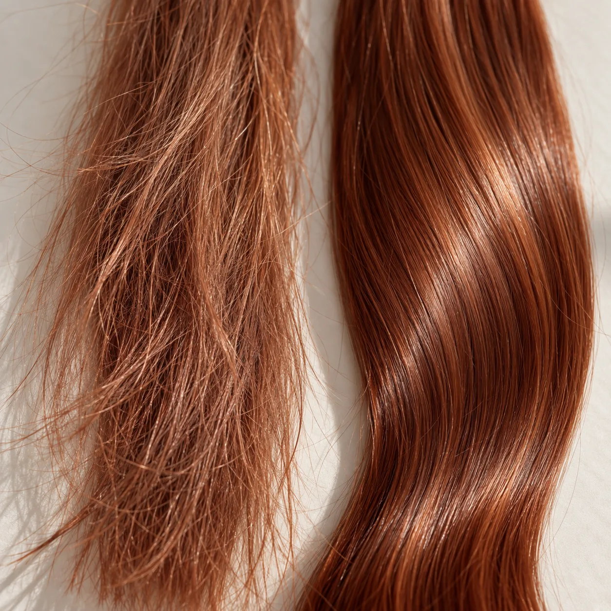 Two strands of dyed hair side by side – one dull and porous, one smooth and glossy