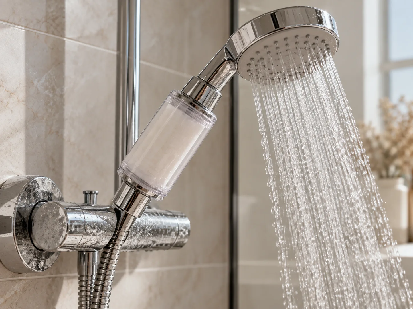 Shower head with a filter and limescale on the tap – hard water and coloured hair